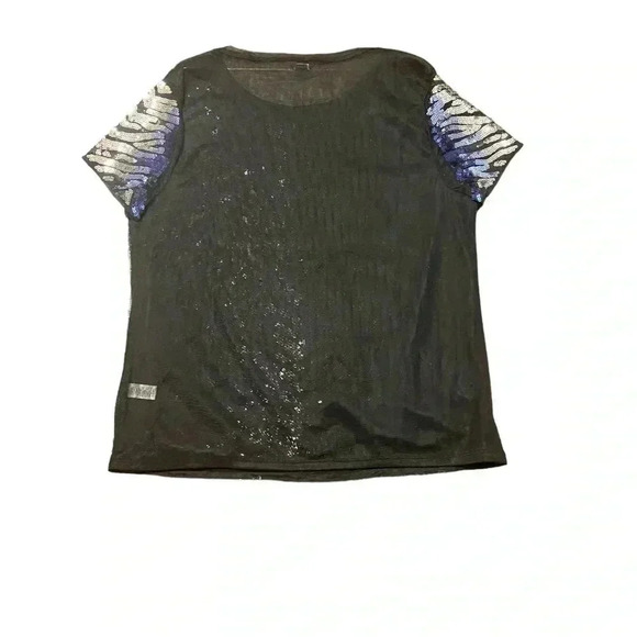 Cache Zebra Animal Print Top Black/Metallic/Silver/Blue Short Sleeve Sheer Sz M - Picture 2 of 7